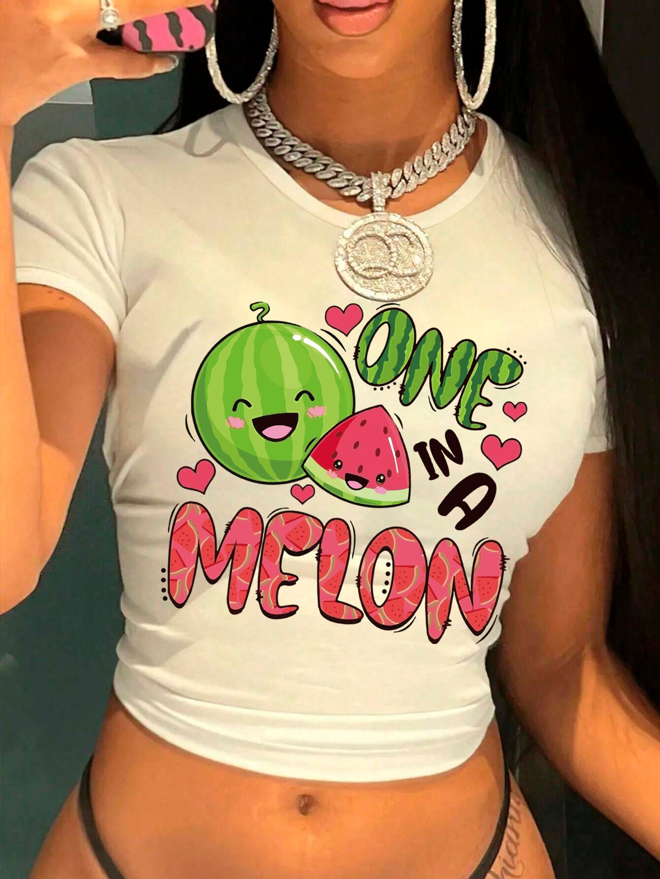 Women's Y2K Graphic Print Cropped T-Shirt - "ONE IN A MELON" Watermelon & Hearts Design, Light Grey Short Sleeve Crop Top, Machine Washable Casual Summer Tee, Tiktok Style Clothing | Crop Top Style | Nontransparent Fabric, Cu